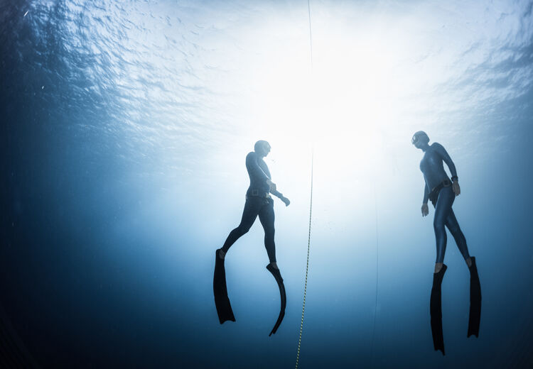 Twee vrijduikers die omhoog zwemmen uit de diepte. De lijn is er om ze te helpen omhoog te zwemmen.